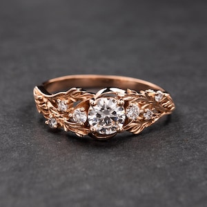 Forest nymph engagement ring with diamonds, Gold leaf ring with lab grown diamond, Elvish proposal ring