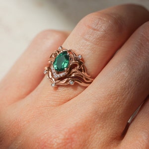 Lab emerald and moissanite ring, unique engagement ring, pear cut ring, leaves ring, emerald engagement, art nouveau ring, ring for woman image 5