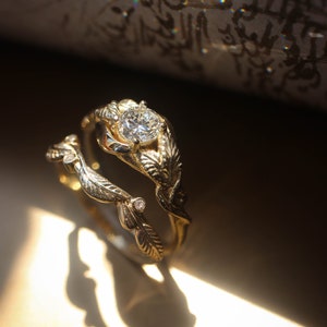 Leaf bridal ring set, engagement ring, moissanite ring, twig wedding band, branch ring, gold leaves ring, stacking rings set imagem 7