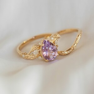 Large Amethyst Engagement Ring with Marquise Diamonds Leaves, Nature inspired Ring for Bride, Unusual Lavender Amethyst Ring 14k or 18k Gold image 4