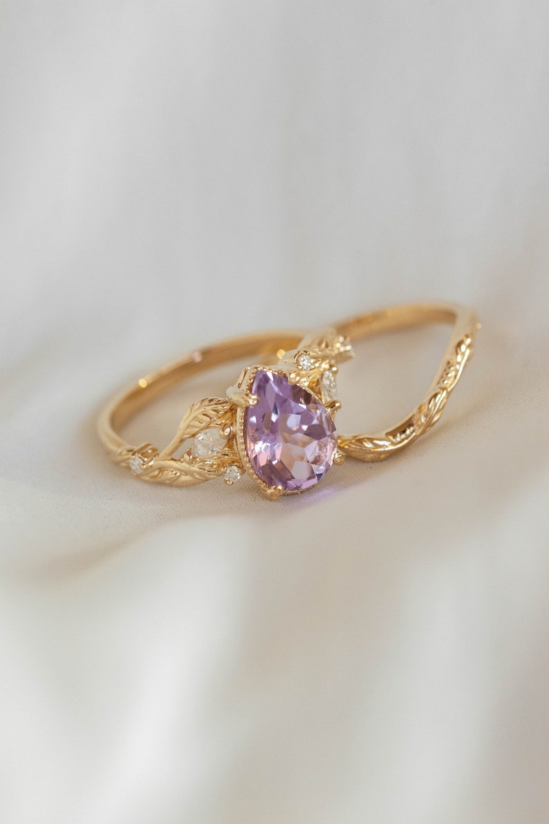 Large Amethyst Engagement Ring with Marquise Diamonds Leaves, Nature inspired Ring for Bride, Unusual Lavender Amethyst Ring 14k or 18k Gold image 4