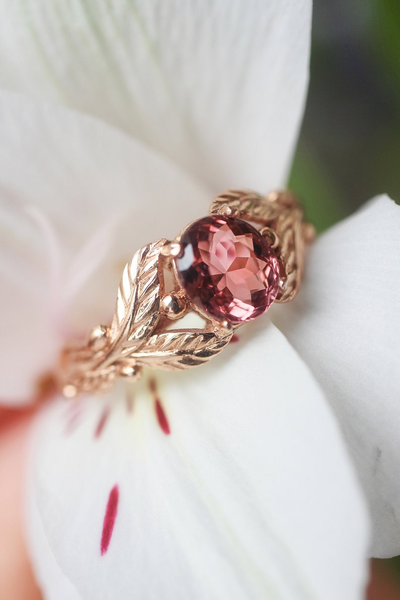 Pink tourmaline engagement ring, rose gold ring, leaves ring, unique ring for woman, branch ring, leaf engagement, twig wedding band image 1