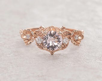 Rose Gold Morganite Ring, Floral Elvish Ring, Nature Inspired Engagement Ring, Pink Elven Ring, Gold Promise Ring For Her, Pink Flower Ring