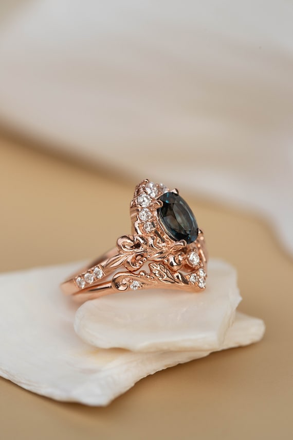 Half Halo Teal Sapphire Bridal Ring Set
