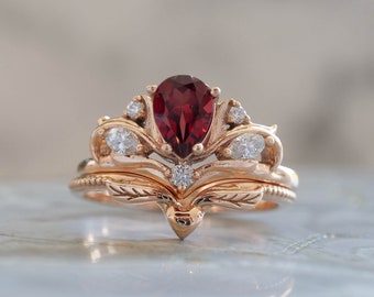 Natural Pear Cut Garnet Wedding Ring Set, Side Diamonds Red Garnet Engagement Ring and Leafy Chevron Wedding Band in 14K or 18K Gold