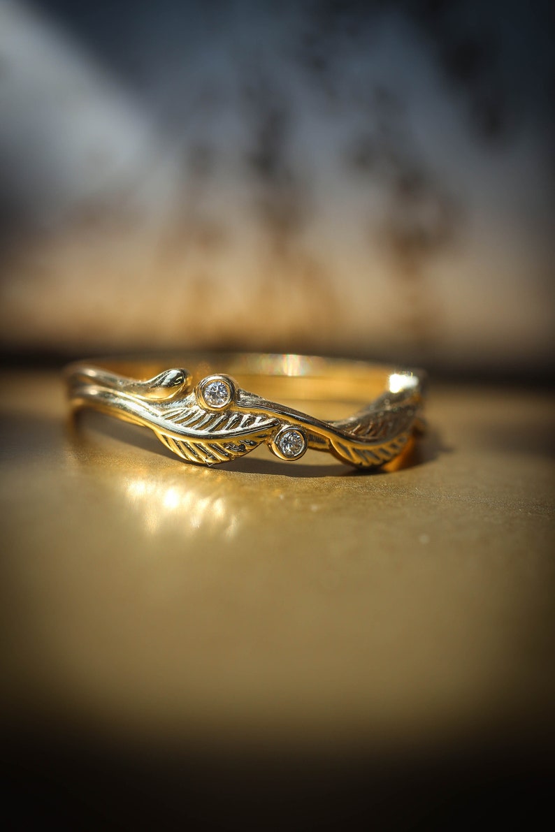 Leaf bridal ring set, engagement ring, moissanite ring, twig wedding band, branch ring, gold leaves ring, stacking rings set imagem 4