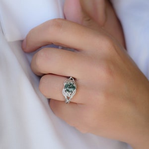 Natural Moss Agate Ring 14K or 18k Gold, Elvish Leaves Engagement Ring, Forest Green Gemstone Ring, Unique Promise Ring for Women image 3