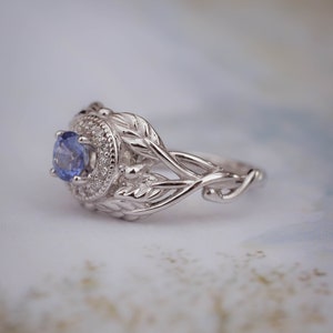 Sapphire Engagement Ring with Diamond Halo, White Gold Leaf Ring, Nature Inspired Ring, Leaf engagement ring, Light Blue Sapphire Ring image 3