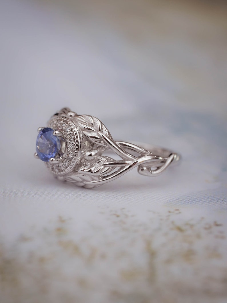 Sapphire Engagement Ring with Diamond Halo, White Gold Leaf Ring, Nature Inspired Ring, Leaf engagement ring, Light Blue Sapphire Ring image 3