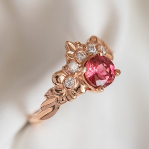 Pink Tourmaline Engagement Ring, Nature inspired Diamond Crown ring, 14k or 18k Rose Gold Nature Ring for Ethical Engagement image 2