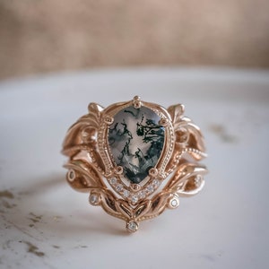 Pear cut Natural Moss agate Ring Set, Alternative Elvish Engagement Rings, Twig Engagement Ring & Wedding Ring Enhancer, 14K or 18k Gold image 6