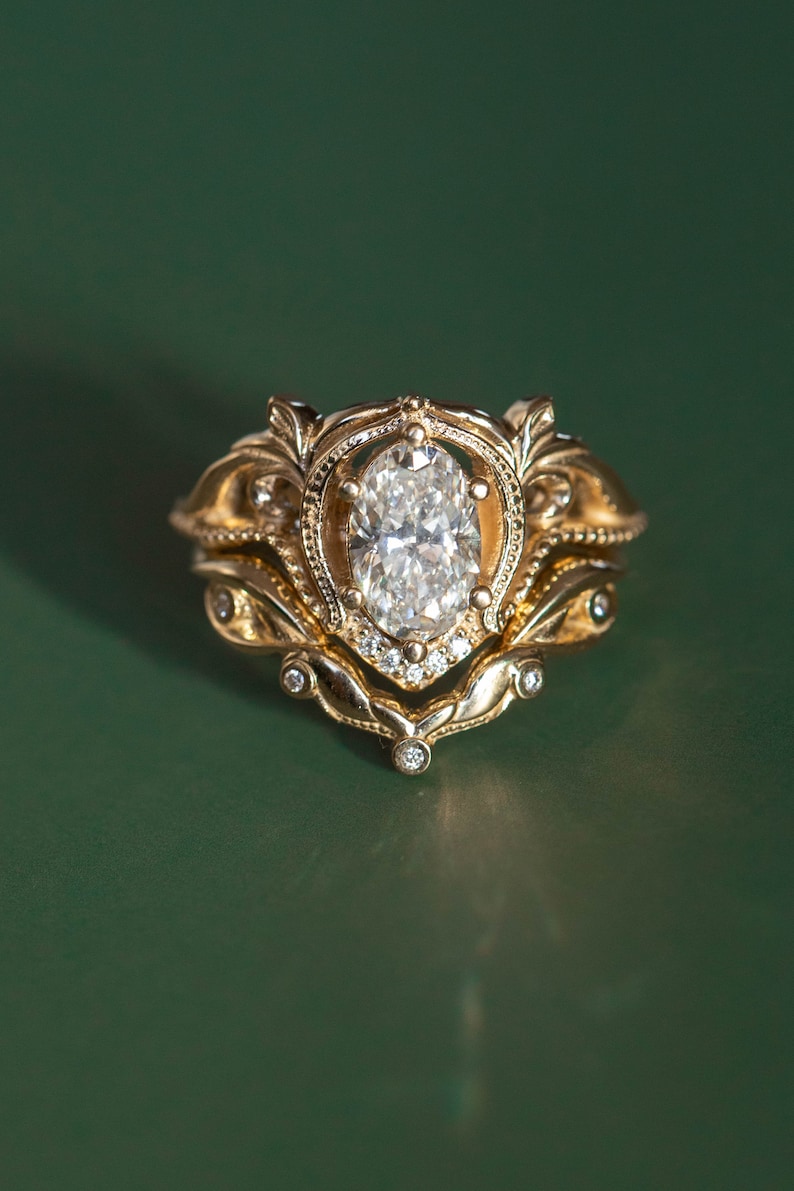 Oval cut Lab Diamond Engagement ring, IGI certified Lab Grown Diamond Ring in 14k or 18k Gold, Ornate Leafy Rings, Art nouveau flourish ring image 8