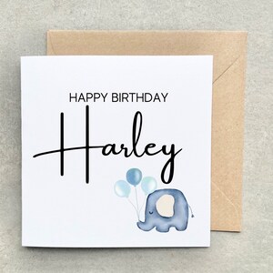 Biglietto di buon compleanno personalizzato per bambini, elefante blu e palloncini, biglietto di primo compleanno per bambino AA011