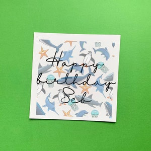 Biglietto di compleanno personalizzato per bambini, sotto la tessera a tema mare, delfino, squalo, carte medusa, bambini chiamati bday card, compleanno nipote