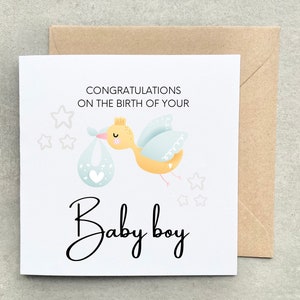 Nouvelle carte de vœux de petit garçon, carte de bébé cigogne, carte nouveau-né à envoyer aux parents AA012