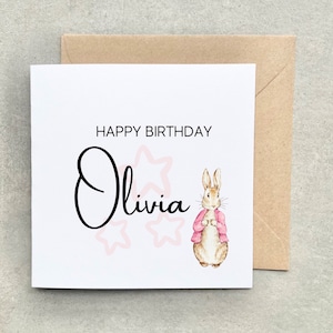 Girls happy birthday card, pink bunny rabbit design for baby niece, granddaughter, daughter first birthday card AA014