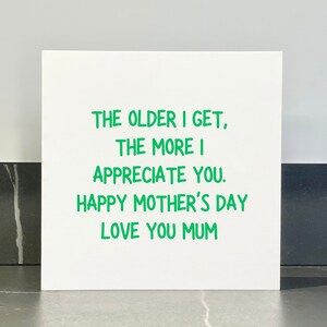 Carte de fête des mères effrontée pour maman, cartes amusantes pour les mamans pour son anniversaire, plus je vieillis, plus je t'apprécie maman