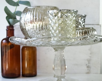 Vintage Glass Cake Stand Cupcake Plate with Tall Pedestal Cut Glass Wedding Cake Plate