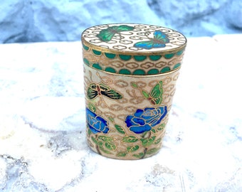 Vintage cloisonet box oval with cloisonet lid - butterflies and roses - blue enamelled inside