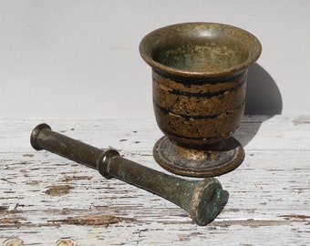 Mortar very old brass pharmacy-heavily worn-full of character abrasions-great Wabi Sabi prop or Photo object-20s