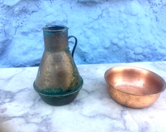 antique bowl and jug apothecary vessel, turn of the century, bronze and copper