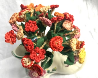 Vintage crochet flowers tied with wire to a bouquet - 1960s Portugal