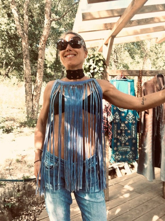 Vintage leather fringe shirt - azul - super soft l