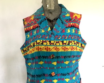 Vintage summer dress African fabric 100% cotton great colors slightly tailored