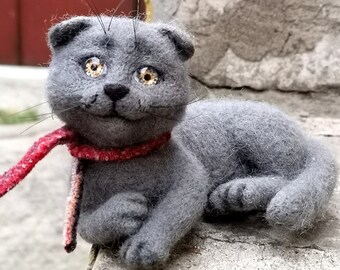 Scottish Cat needle felted animals gray, mural cat,Festive toy ,cat felted figurine, home decor animals