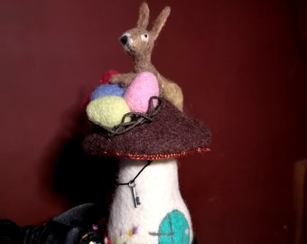 Easter hare 2024,mushroom houses felt decor Easter 2024, rabbit felted with needles, Easter eggs, Easter composition, gift for Easter,