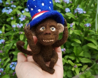 Monkey figure felted animals, sculpture monkey, ape keyfob car, July 4 souvenir