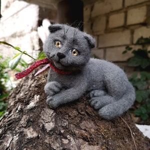 Scottish Cat needle felted animals gray, mural cat,Festive toy ,cat felted figurine, home decor animals image 2