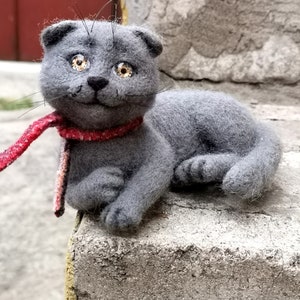 Scottish Cat needle felted animals gray, mural cat,Festive toy ,cat felted figurine, home decor animals image 4