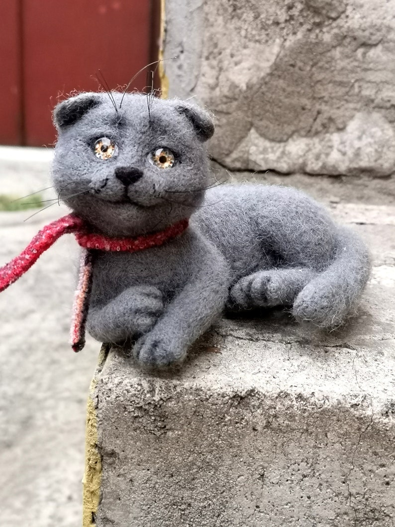 Scottish Cat needle felted animals gray, mural cat,Festive toy ,cat felted figurine, home decor animals image 4