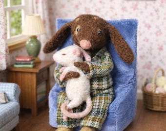 Figura de perro salchicha de fieltro con aguja, perro con rata, decoración del hogar