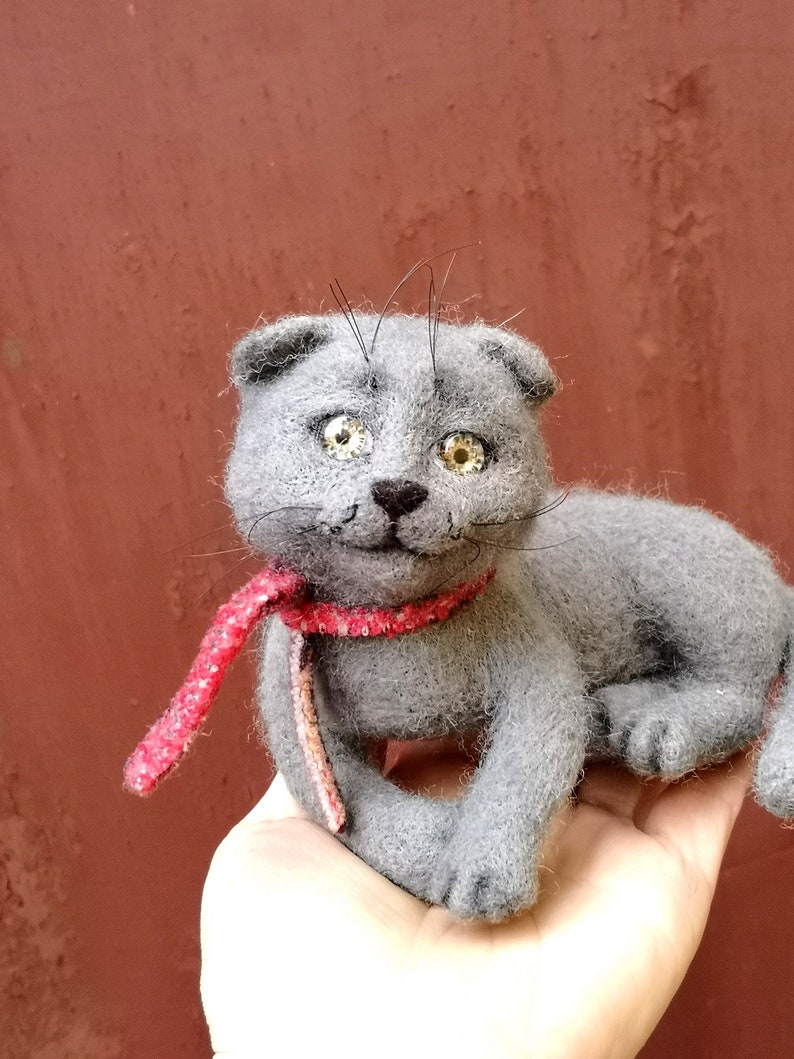 Scottish Cat needle felted animals gray, mural cat,Festive toy ,cat felted figurine, home decor animals image 6