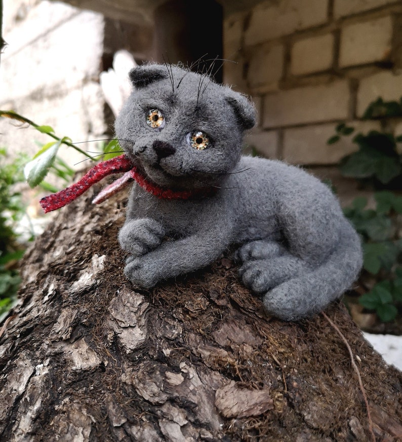 Scottish Cat needle felted animals gray, mural cat,Festive toy ,cat felted figurine, home decor animals image 2