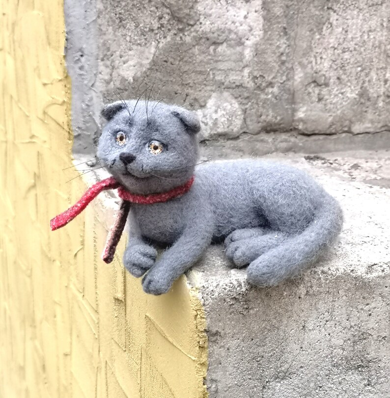 Scottish Cat needle felted animals gray, mural cat,Festive toy ,cat felted figurine, home decor animals image 3
