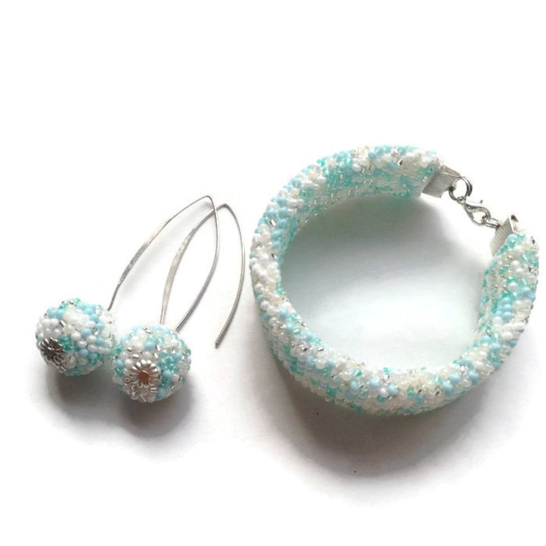 White blue bracelet and Hanging earrings Holiday gift for wife Dainty bracelet Gift for sister Seed bead jewelry Set