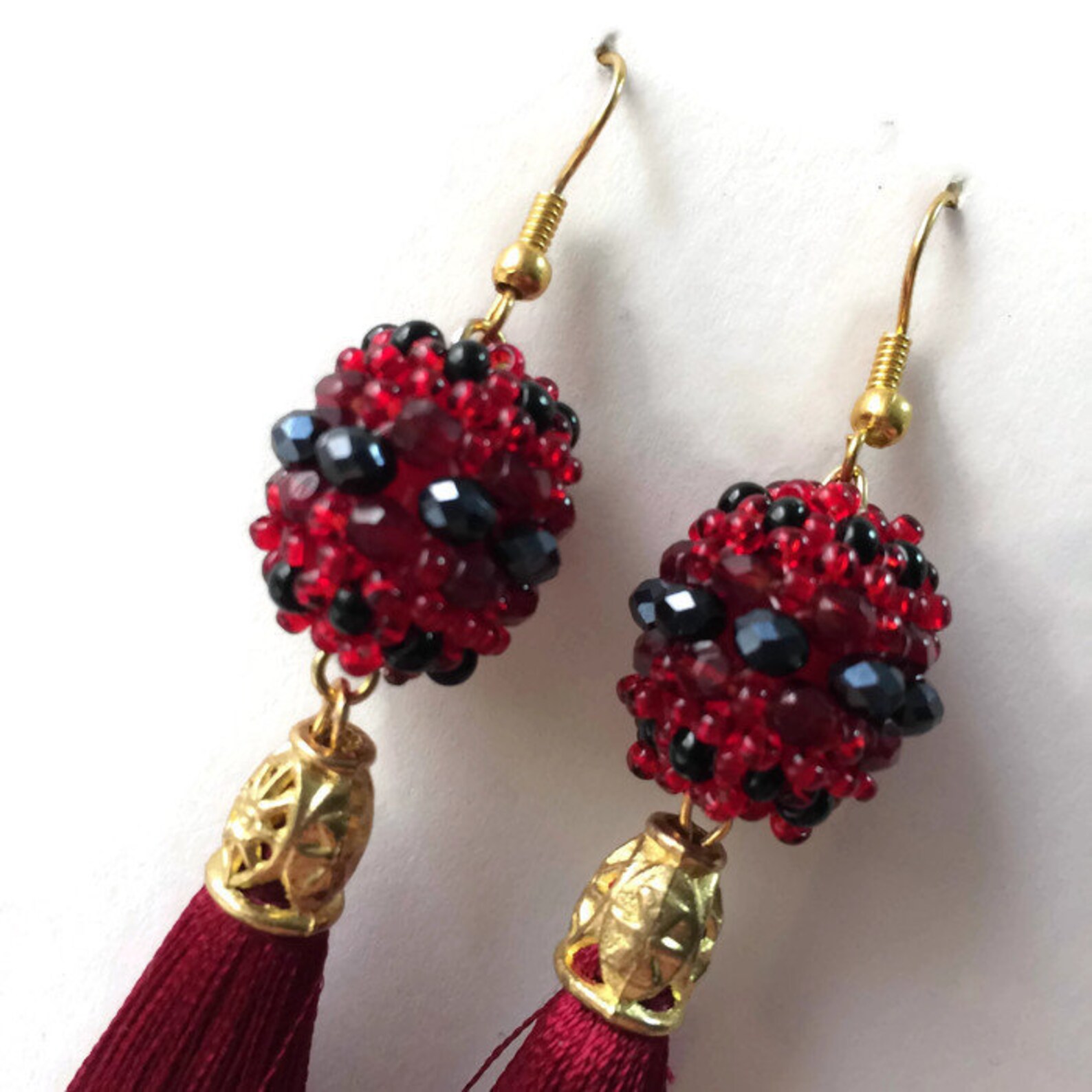 Wine color earrings Elegant waterfall silk tassel Seed bead Etsy