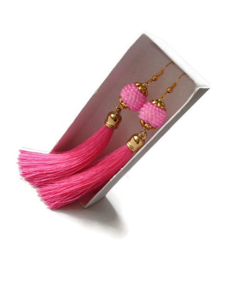 Hot Pink Tassel Drops Earrings in silk feature Playful beaded Etsy