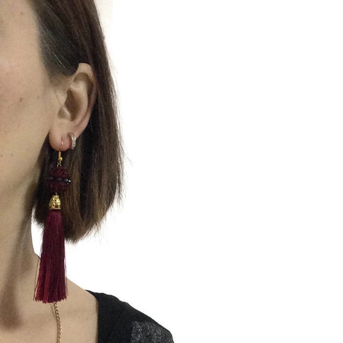 Wine color earrings Elegant waterfall silk tassel Seed bead Etsy