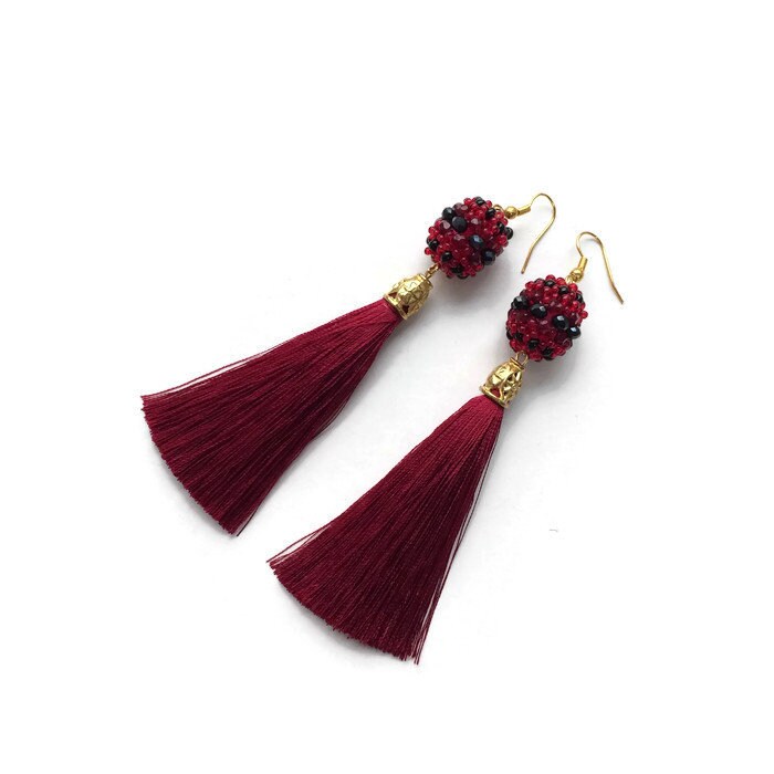 Wine color earrings Elegant waterfall silk tassel Seed bead Etsy