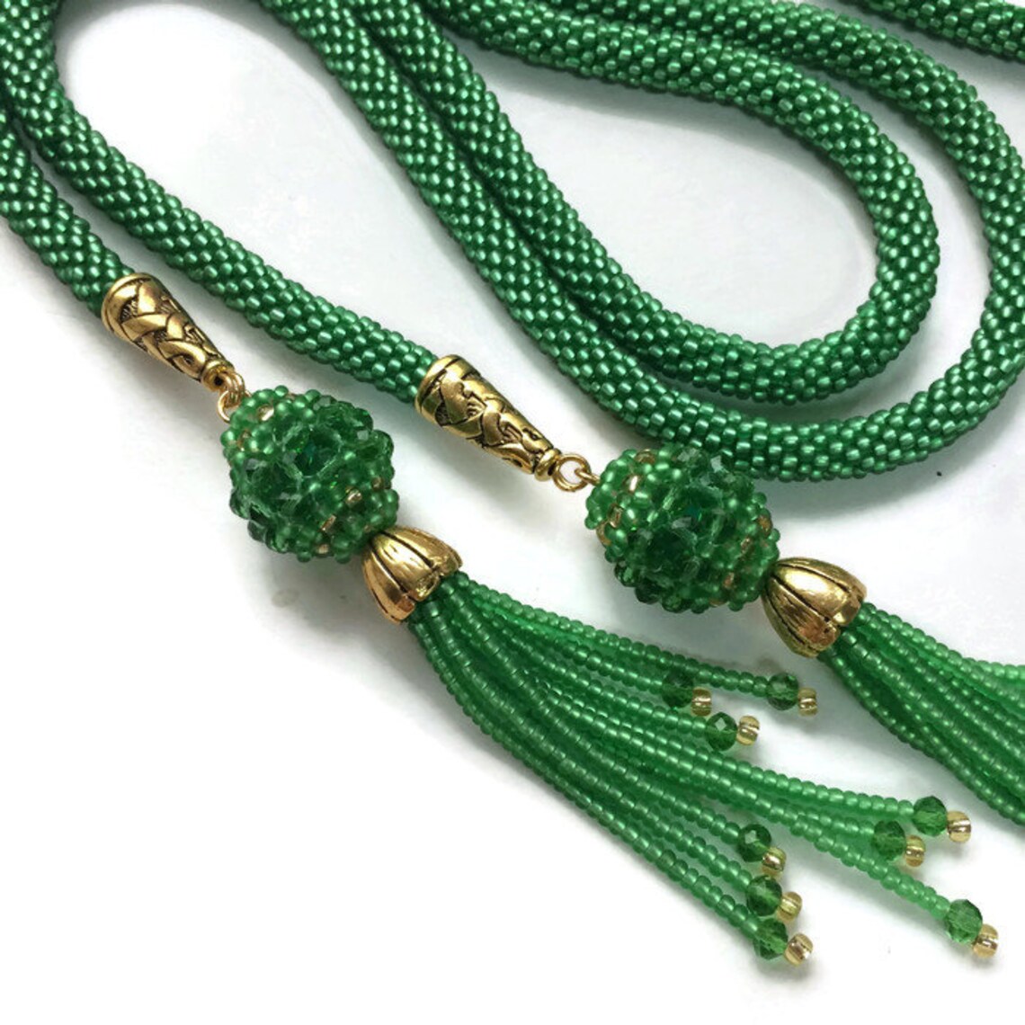 Tassel rope belt Long lite green beaded lariat Seed bead Etsy