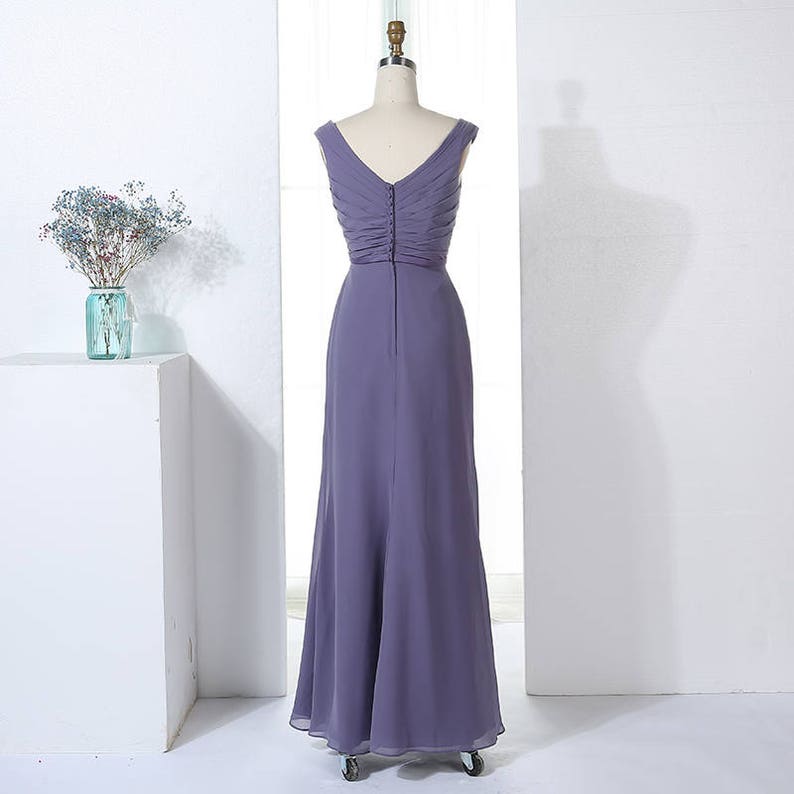 V-Neck Sleeveless Strapped V-neck Pleated Chiffon Long Bridesmaid Dress with Button Back Detail