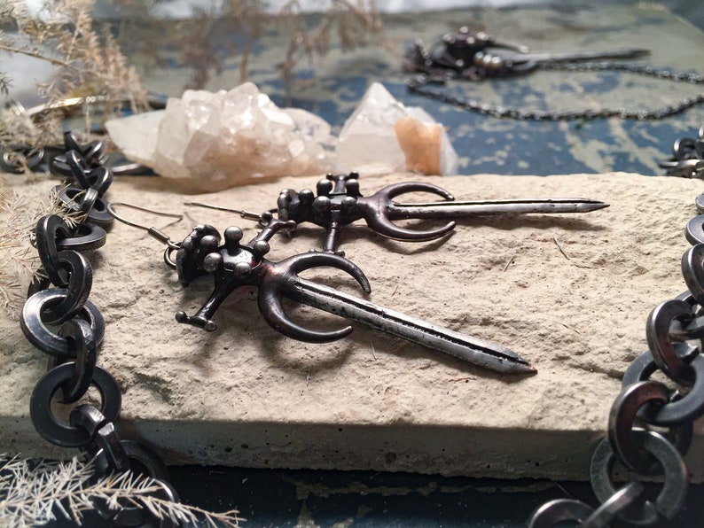 Lunar Hilt Sword Necklace Dagger Earrings Dagger Drop Earrings Knight Sword Pendant and Earrings