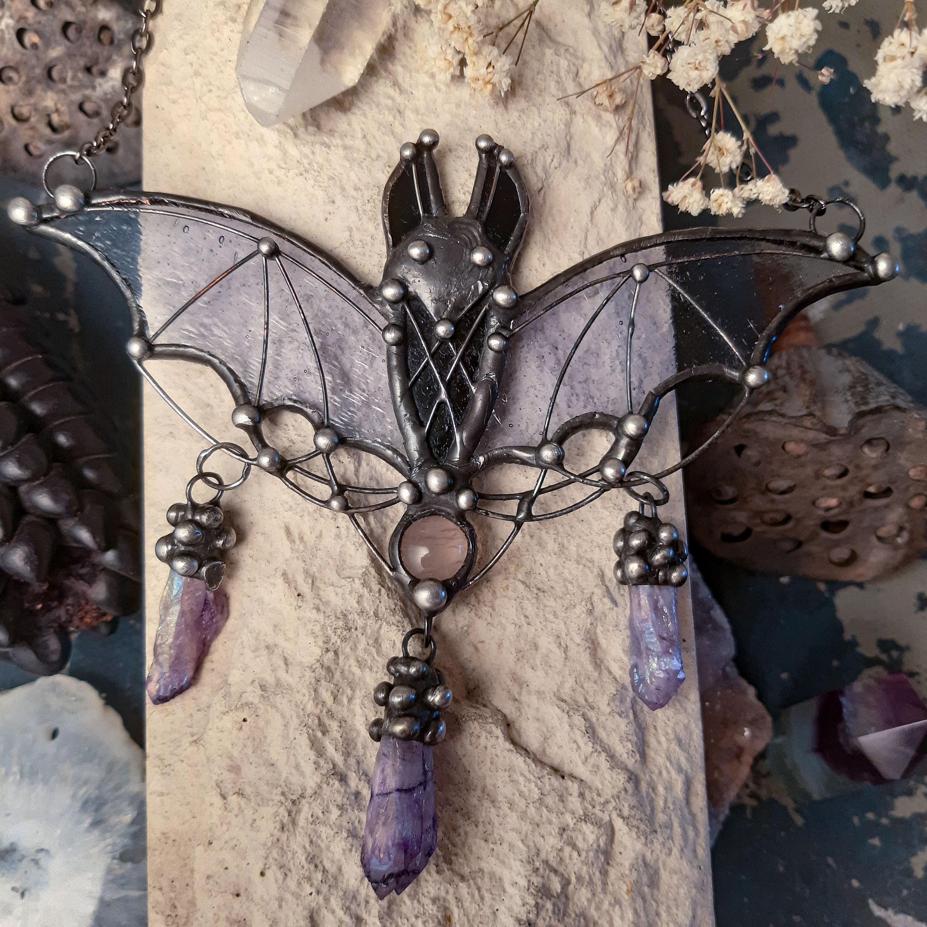 Bat necklace, Stained glass halloween pendant, Bat wing pendant