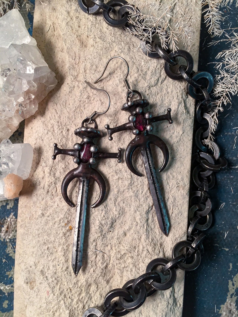 Lunar Hilt Sword Necklace Dagger Earrings Dagger Drop Earrings Knight Sword Pendant and Earrings