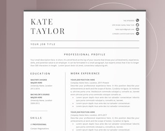 Professional Resume Template | CV Resume + Cover Letter | Modern Resume for Word | 4 Page Pack | Instant Download Resume | "Kate"