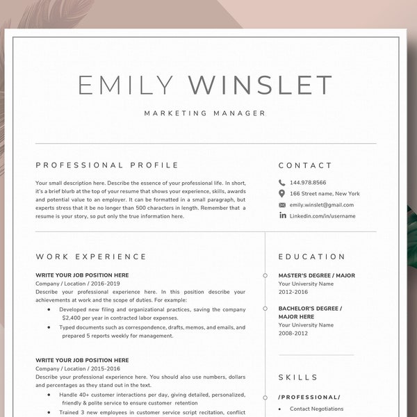 Modern Resume Template | CV Template, Cover Letter | Professional Resume for Word, Mac or Pc 2 page Minimal Resume, Instant Digital Download